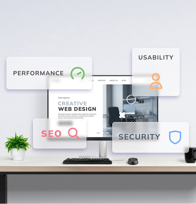 Monitor displays "Creative Web Design" with keywords: Performance, Usability, SEO, Security.