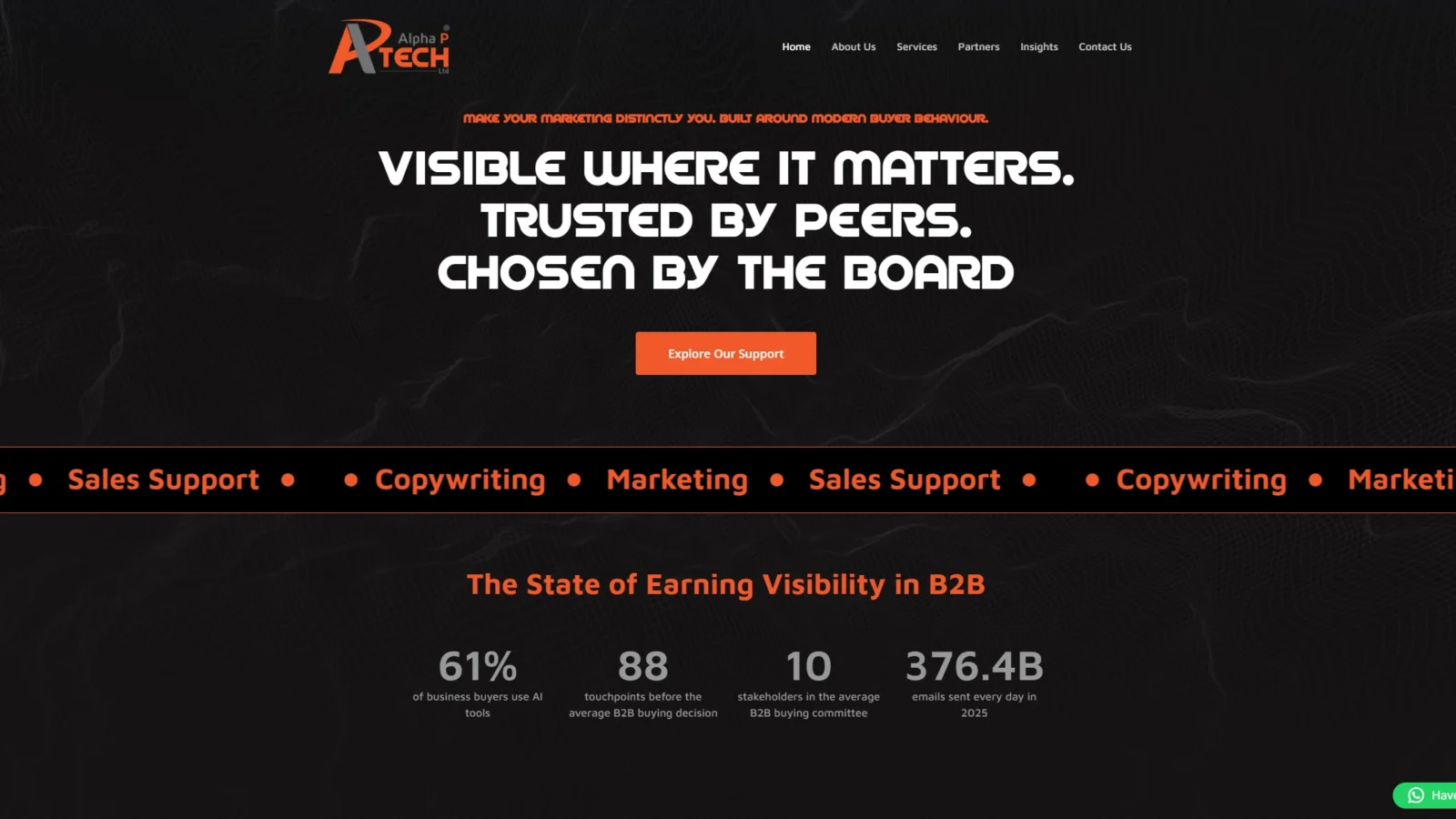 Alpha P Tech homepage with a dark background and orange accents, showing the headline 'Visible where it matters. Trusted by peers. Chosen by the board' above a marketing statistics section