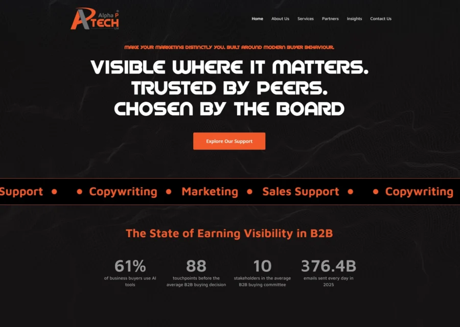 Alpha P Tech homepage with a dark background and orange accents, showing the headline 'Visible where it matters. Trusted by peers. Chosen by the board' above a marketing statistics section