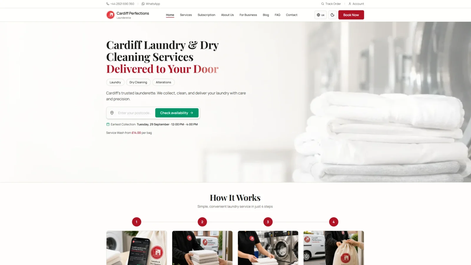cardiff-perfections-home-2251x1266 | Fire Up Design Cardiff Perfections homepage showing the headline 'Cardiff Laundry & Dry Cleaning Services, Delivered to Your Door' beside a photo of folded towels, with a postcode checker and a four-step How It Works section below