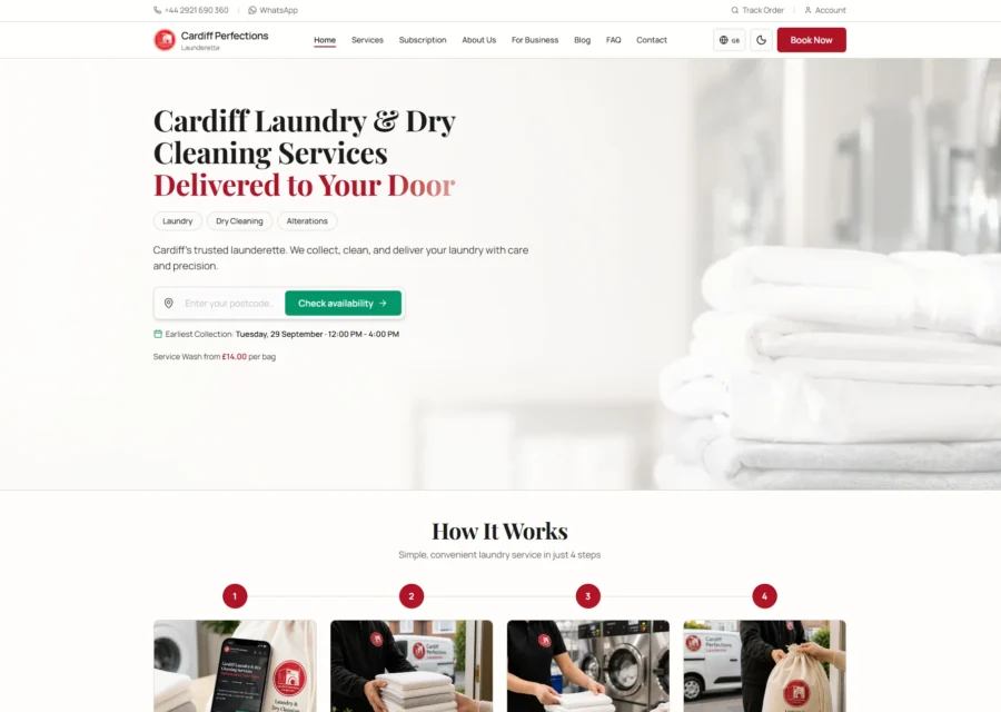Cardiff Perfections homepage showing the headline 'Cardiff Laundry & Dry Cleaning Services, Delivered to Your Door' beside a photo of folded towels, with a postcode checker and a four-step How It Works section below