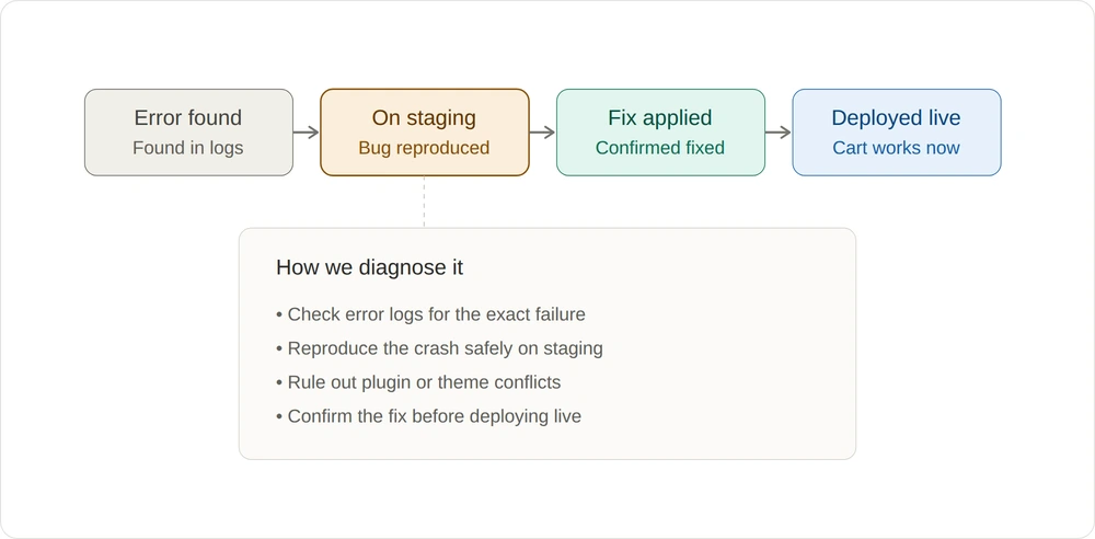 Diagnostic workflow diagram showing four steps: error found in logs, reproduced on staging, fix applied and confirmed, deployed to live site