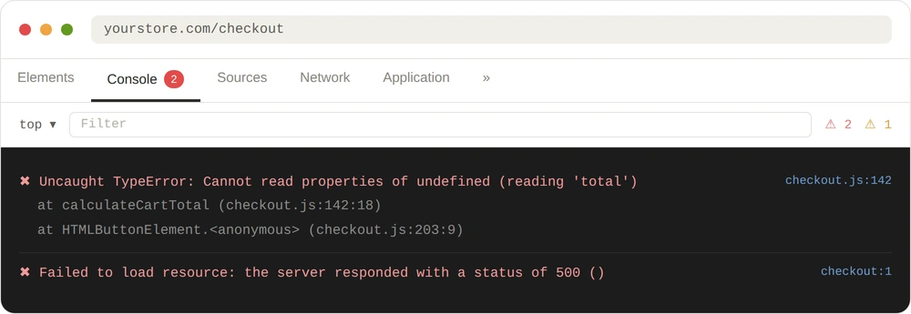 Browser console showing a JavaScript error and a failed 500 checkout request, illustrating how a shopping cart crash appears in developer tools