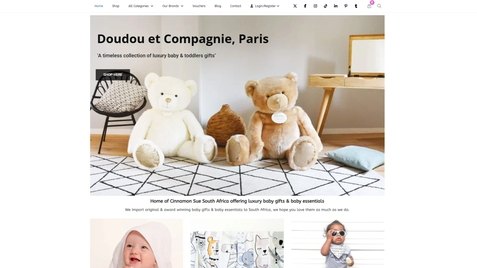 Cinnamon Sue baby and toddler boutique homepage with a Doudou et Compagnie teddy bear collection and product categories below