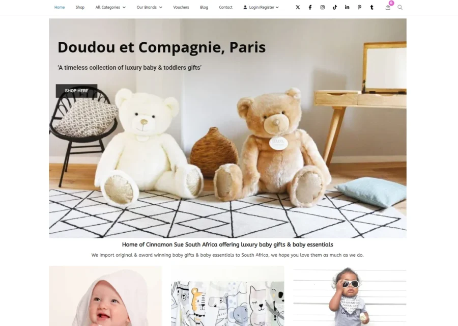 Cinnamon Sue baby and toddler boutique homepage with a Doudou et Compagnie teddy bear collection and product categories below