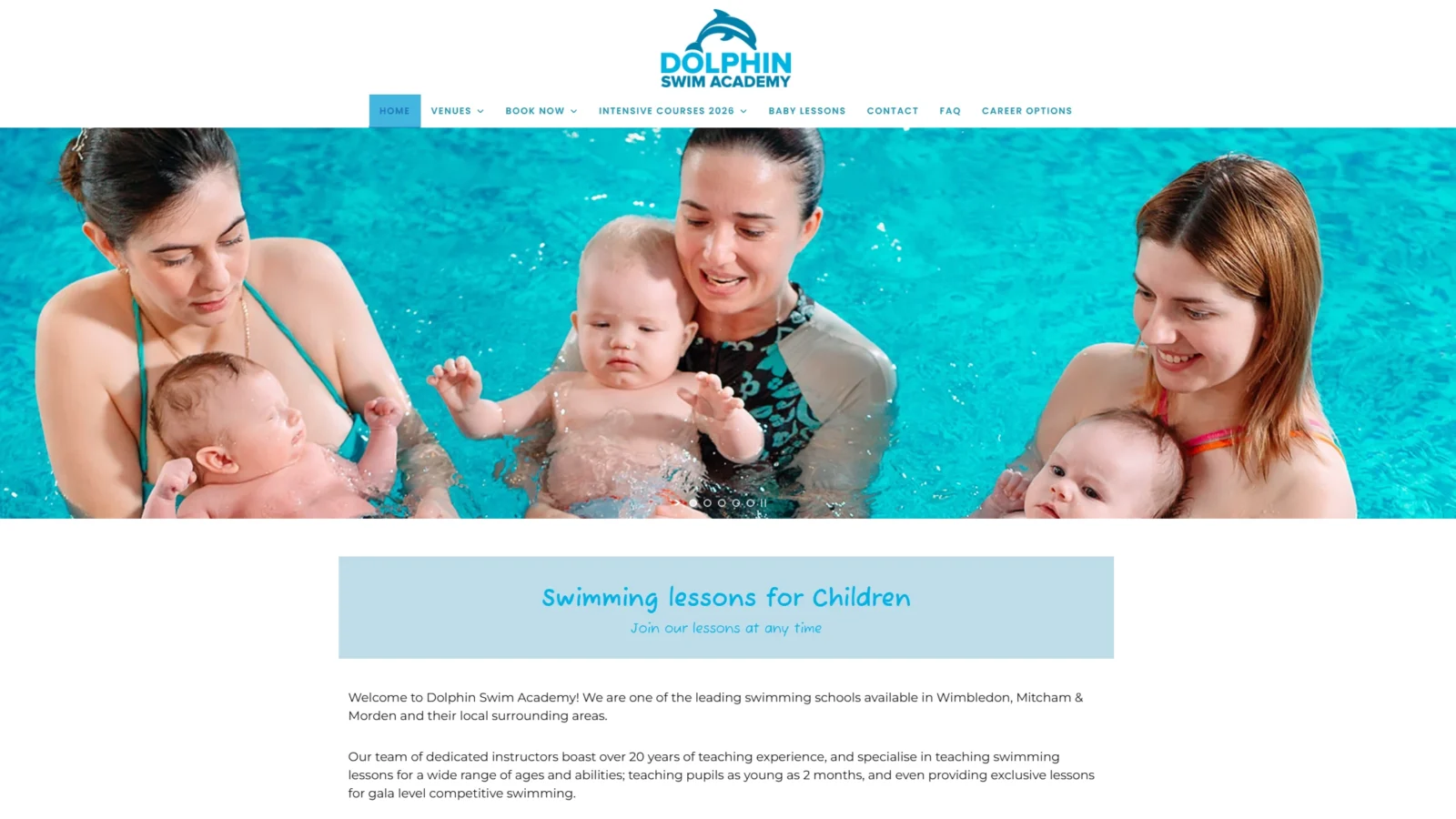 Dolphin Swim Academy homepage showing parents holding babies in a swimming pool, with the logo and navigation above and a welcome message below