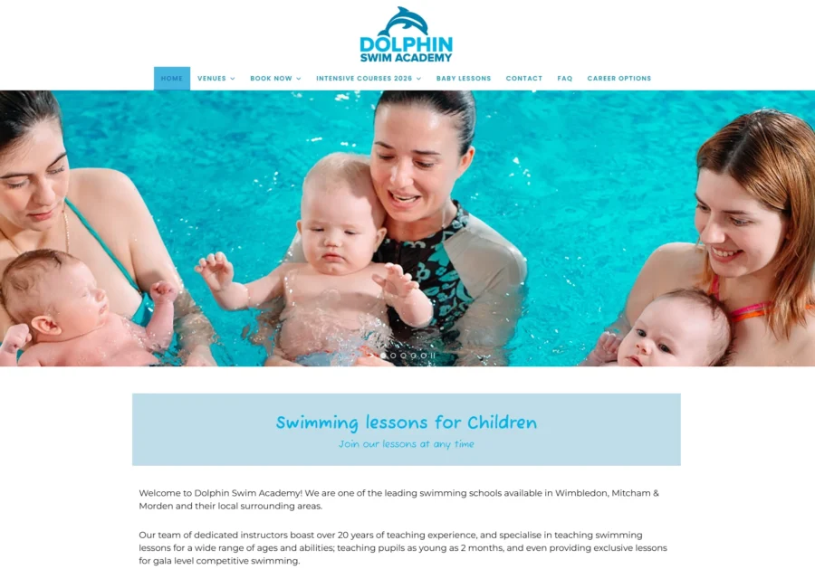 Dolphin Swim Academy homepage showing parents holding babies in a swimming pool, with the logo and navigation above and a welcome message below