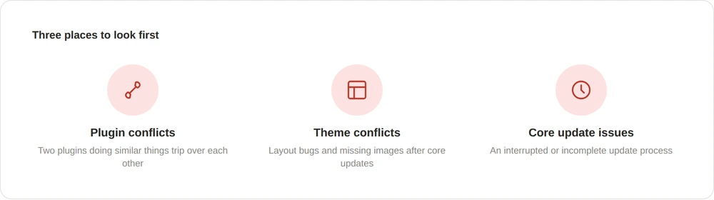Three icons representing common causes of WordPress update failures: plugin conflicts, theme conflicts, and core update issues