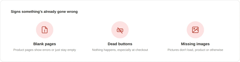 icon-grid-signs-1000w | Fire Up Design Three icons showing common ecommerce failure signs: blank product pages, dead buttons especially at checkout, and missing images