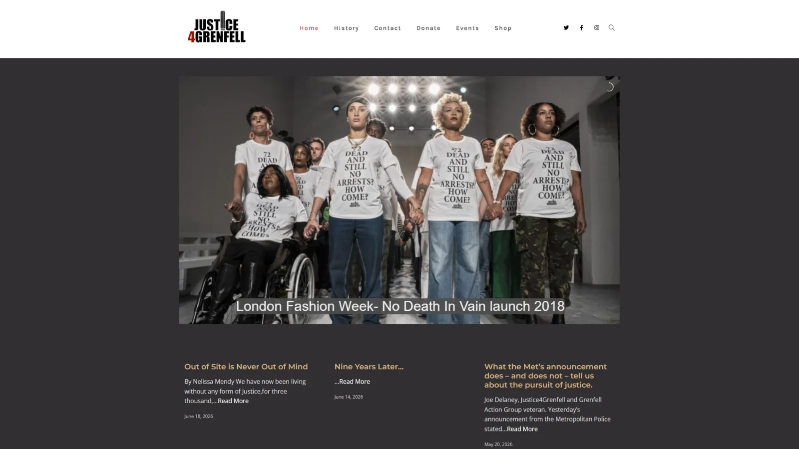 justice-4-grenfell-fashion-week | Fire Up Design Justice 4 Grenfell homepage showing campaign supporters holding hands at the London Fashion Week launch of No Death In Vain, wearing '72 dead and still no arrests? How come?' t-shirts