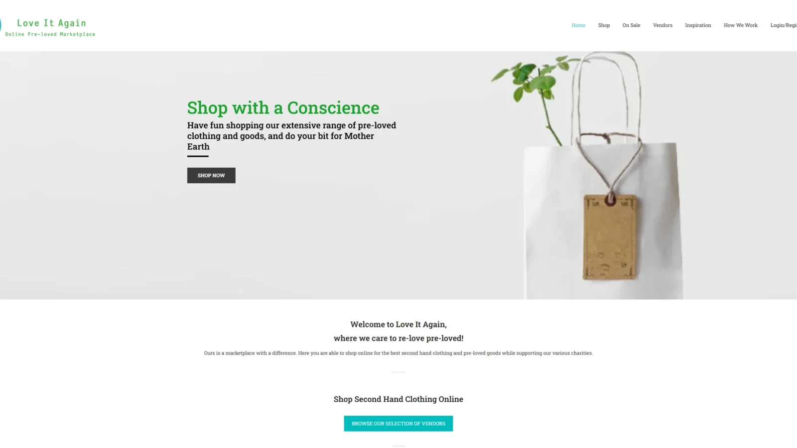 love-it-again-home-2247x1264 | Fire Up Design Love It Again homepage showing 'Shop with a Conscience' beside a photo of a shopping bag with a kraft paper tag, above a welcome message about the pre-loved marketplace