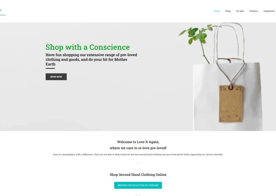 Love It Again homepage showing 'Shop with a Conscience' beside a photo of a shopping bag with a kraft paper tag, above a welcome message about the pre-loved marketplace