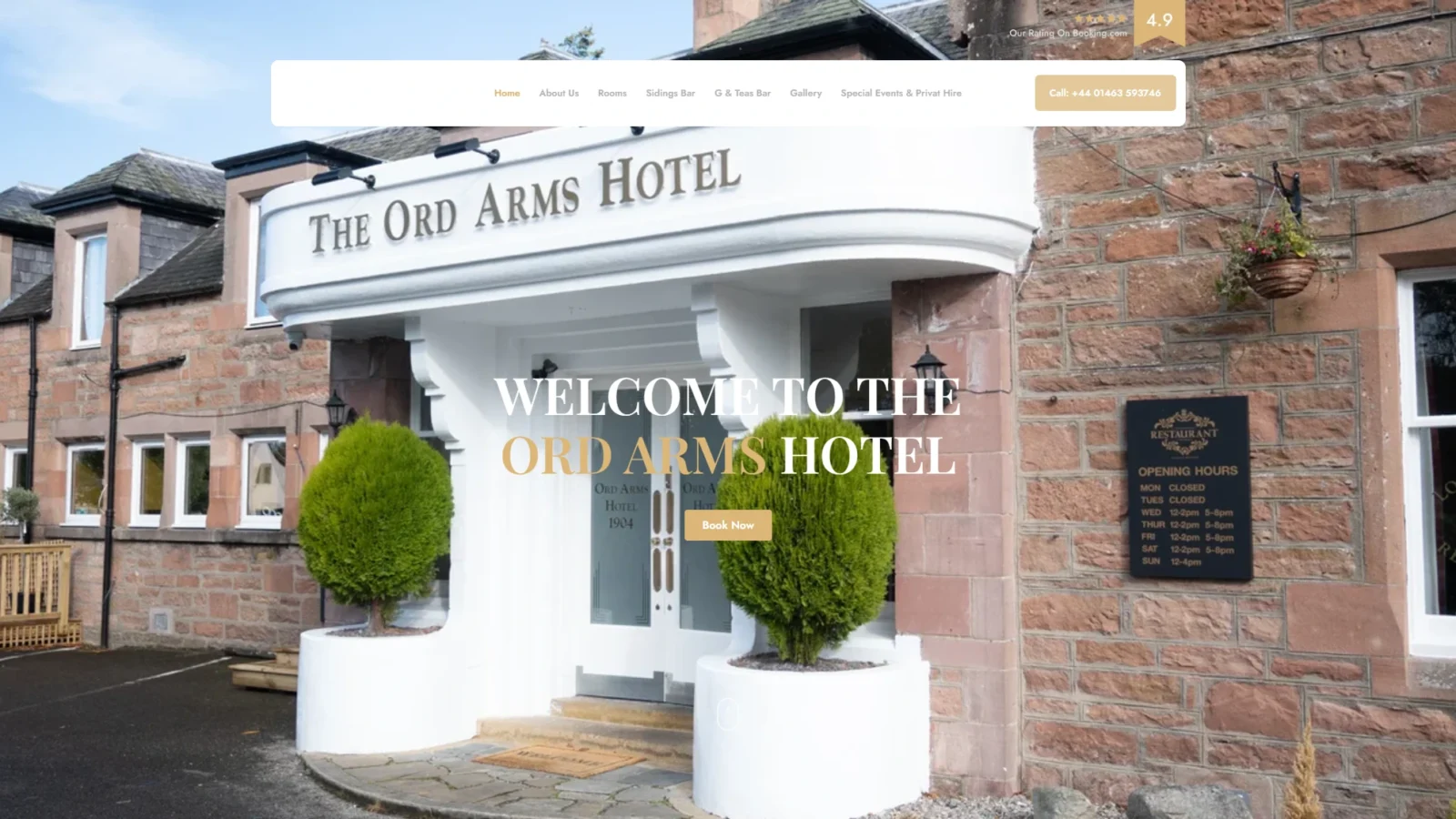 ord-arms-hotel-home | Fire Up Design Homepage of the Ord Arms Hotel website, showing the hotel entrance with a welcome message and Book Now button