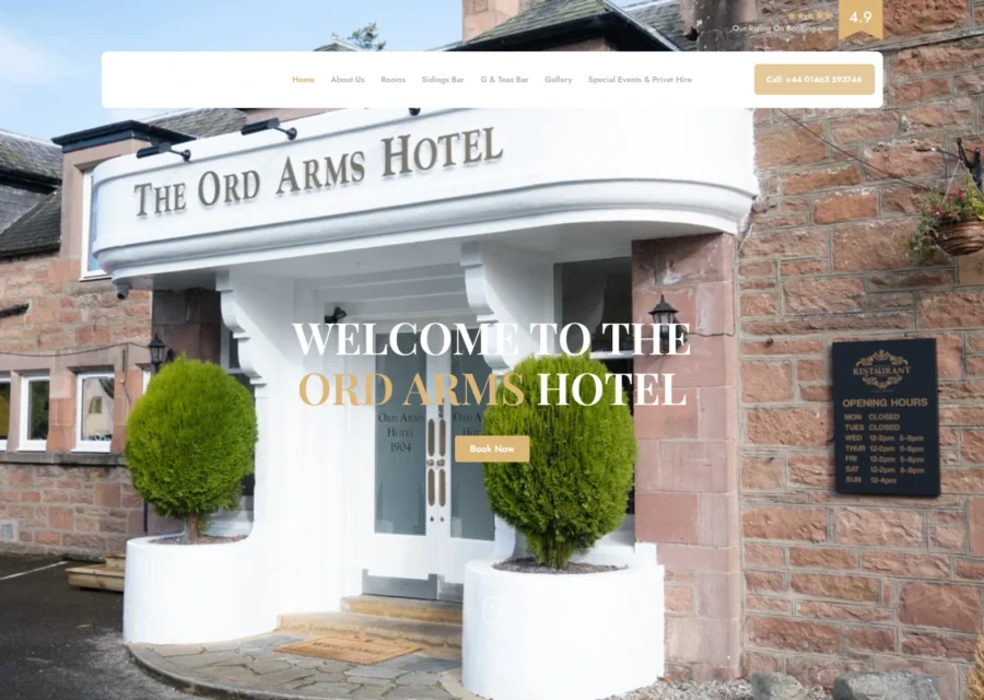 Homepage of the Ord Arms Hotel website, showing the hotel entrance with a welcome message and Book Now button