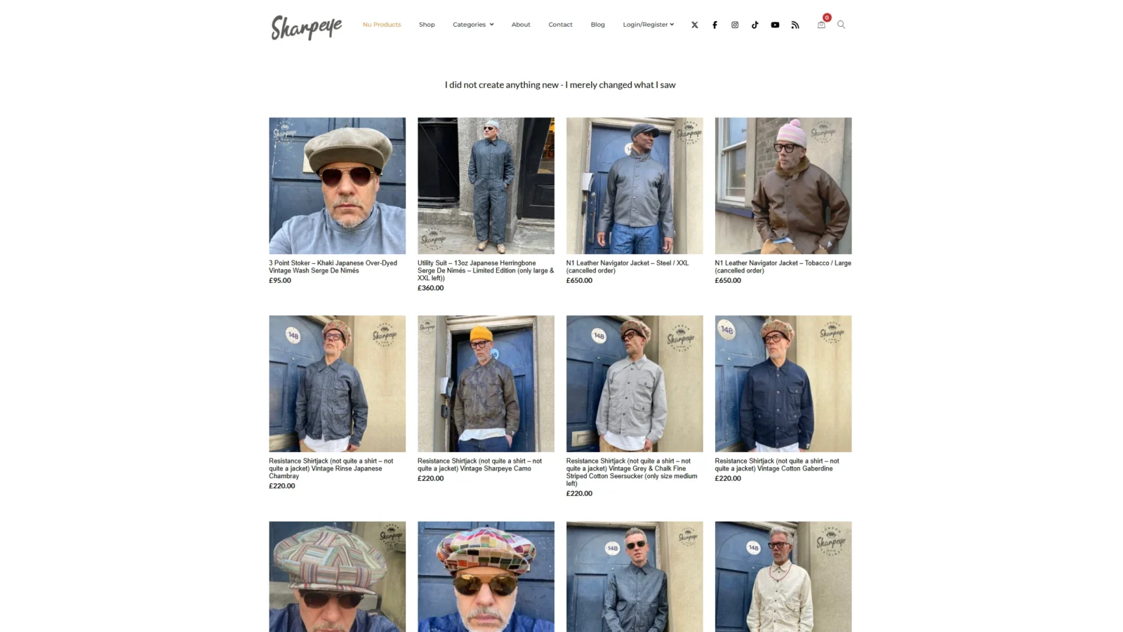 sharpeye-home-2236x1258 | Fire Up Design Sharpeye online store homepage with a minimal white layout and a grid of jackets, shirts and caps