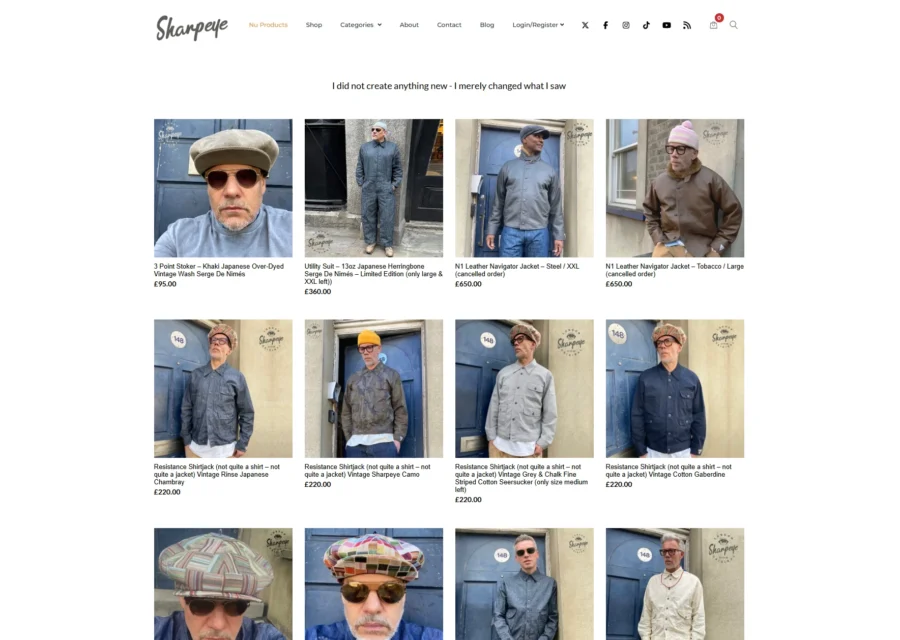 Sharpeye online store homepage with a minimal white layout and a grid of jackets, shirts and caps
