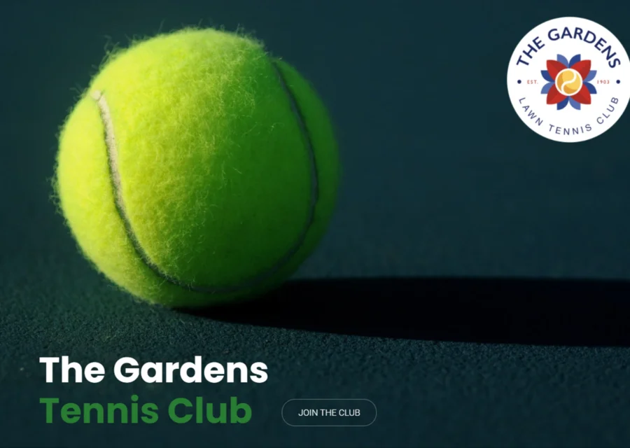 The Gardens Lawn Tennis Club homepage hero showing a close-up tennis ball on a dark court, with the club logo and a Join the Club button